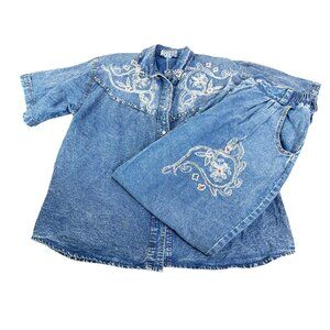 VTG Pretty Bleu Large Beaded Denim Button Shirt & Mom Jeans (26x26) Set GUC